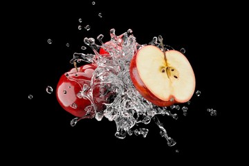 Wall Mural - explosion milk with red apple fruit on blue background. 3d render.