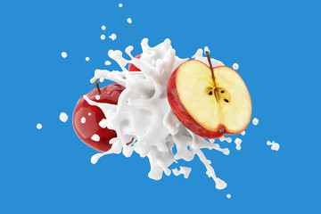 Wall Mural - explosion milk with red apple fruit on blue background. 3d render.