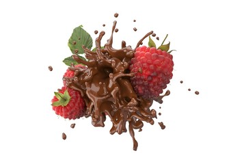 Wall Mural - explosion chocolate liquid with raspberry fruit on white background. 3d render.