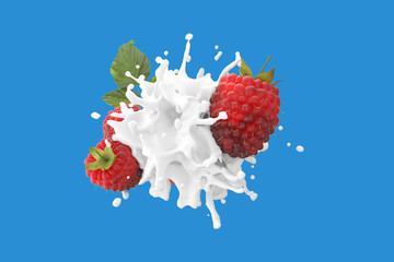 Wall Mural - explosion liquid milk cream with raspberry fruit on blue background. 3d render.