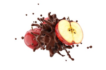 Wall Mural - explosion chocolate with red apple fruit on white background. 3d render.