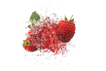 Wall Mural - explosion raspberry juicy liquid with raspberry fruit on pink background. 3d render.