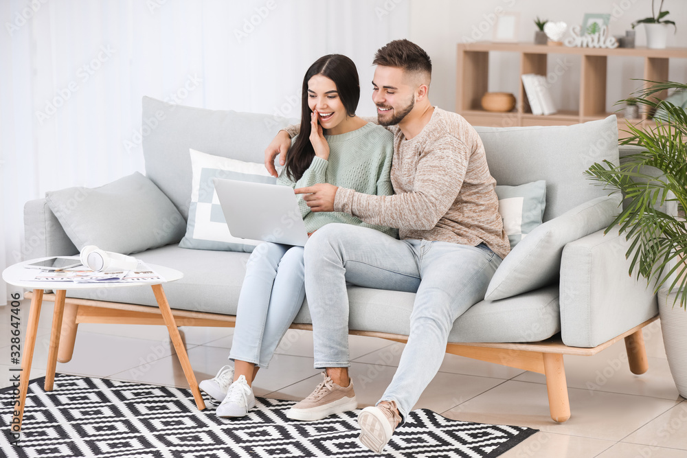 Young couple with laptop sitting on sofa at home