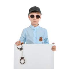 Sticker - Cute little police officer with blank poster on white background