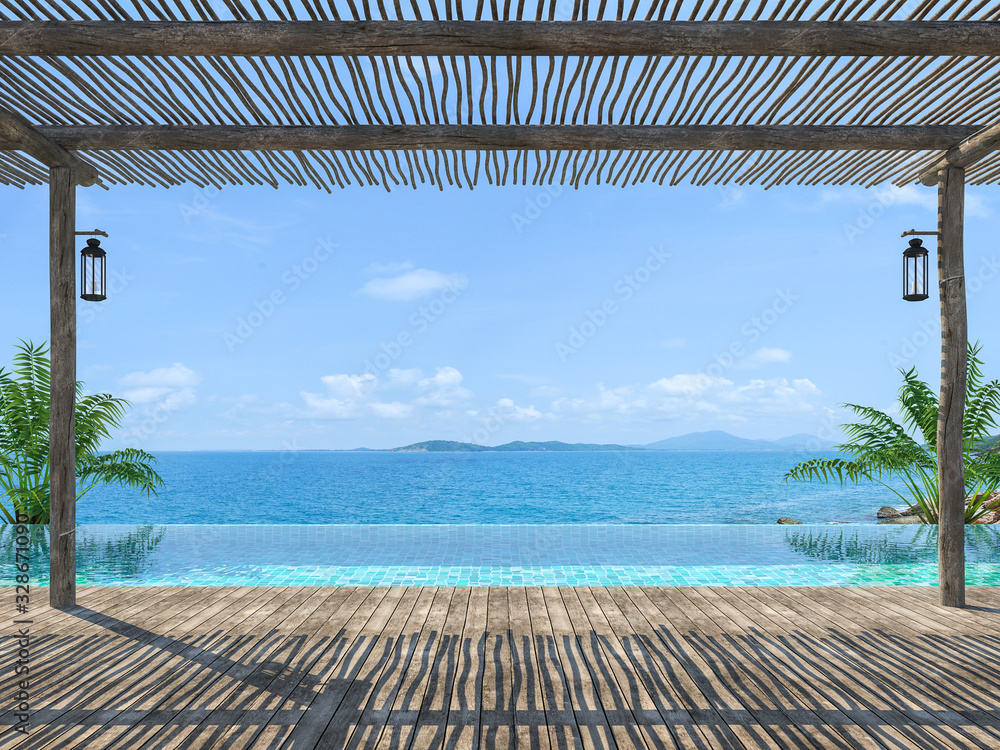 Empty tropical pool terrace 3d render with old wood flooring Wooden poles and covered with wooden battens overlooking the infinity pool and sea views - obrazy, fototapety, plakaty 