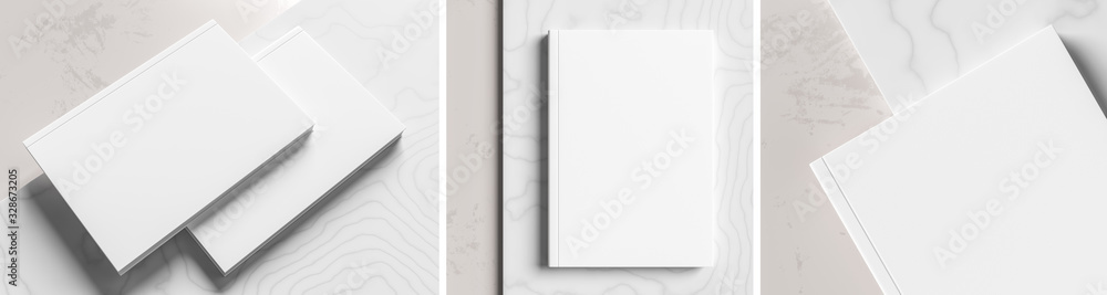Realistic hardcover book or catalogue mock up on gray - white marble background.  White hardcover book mock up  rendered with three different variations. 3D illustration. - obrazy, fototapety, plakaty 