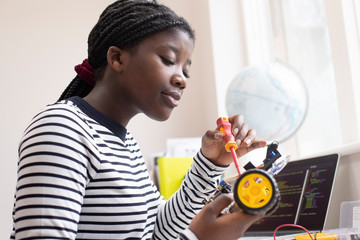 Wall Mural - Female Teenage Pupil Building Robot Car In Science Lesson