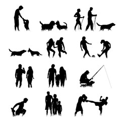 Canvas Print - Collection of vector silhouette of people and animals in grass on white background. Symbol of sport.