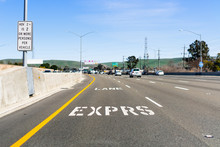 Express Lane Marking On The Freeway; San Francisco Bay Area, California; Express Lanes Help Manage Lane Capacity By Allowing Single Occupancy Vehicles To Use Them For A Fee