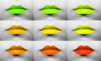 Wall Mural - Macro collection of female lips with lipstick in different green, light green, yellow, orange and red color shades on the background of a black and white face.