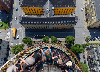 The stairs outside the tower of The Church of Our Saviour (Vor Frelsers Kirke) in Copenhagen climbed by tourists.