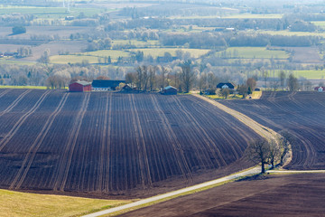 Canvas Print - Aerial view at an agricultural landscape with a country road