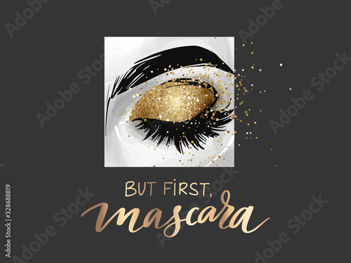 Fotografía Closed eye with golden glitter eyeshadow and phrase But first, mascara