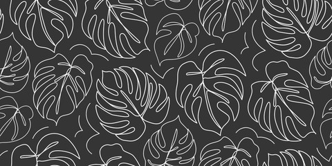 Continuous line monstera leaf. Tropical leaves contour drawing