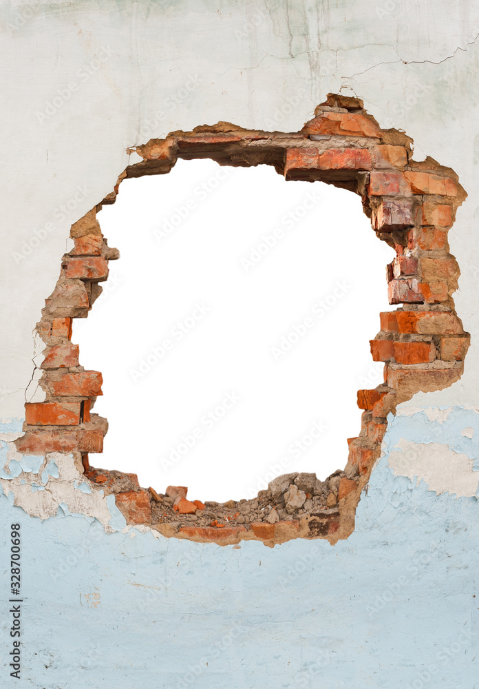 Broken hole in an old brick wall - obrazy, fototapety, plakaty 