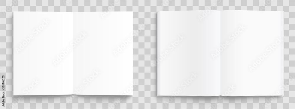 Blank opened book, magazine and notebook template with soft shadows on transparent background. Front view. - stock vector. - obrazy, fototapety, plakaty 