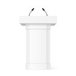 3D Podium tribune with microphones. Realistic vector mockup with shadow. Rostrum stand. White debate podium. Pupitre discours. Stage stand isolated on white background - stock vector.