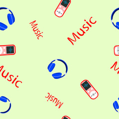 Seamless pattern with headphones, player, text music. Fashionable vector background. For fabric, textiles, children 's room, wrapping paper