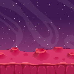 Wall Mural - Vector retro futuristic background. Abstract digital landscape with particles dots and stars on horizon. Pixel art background. 8 bit. Planet in space. Retro game design interface. 