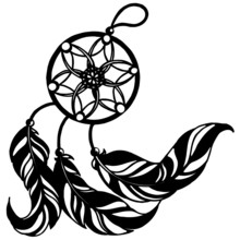 Black Silhouette Drawing, Dream Catcher With Feathers, Isolate On A White Background, For Design Different, Template, Stencil
