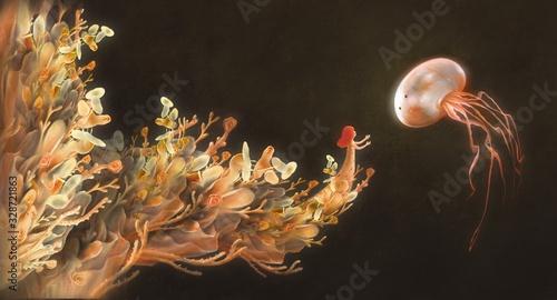 Photographie Girl with giant jellyfish in fantasy nature, digital painting