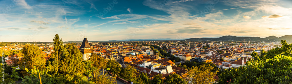 Panoramic view at Graz city with his famous buildings. Famous tourist destination in Austria - obrazy, fototapety, plakaty 
