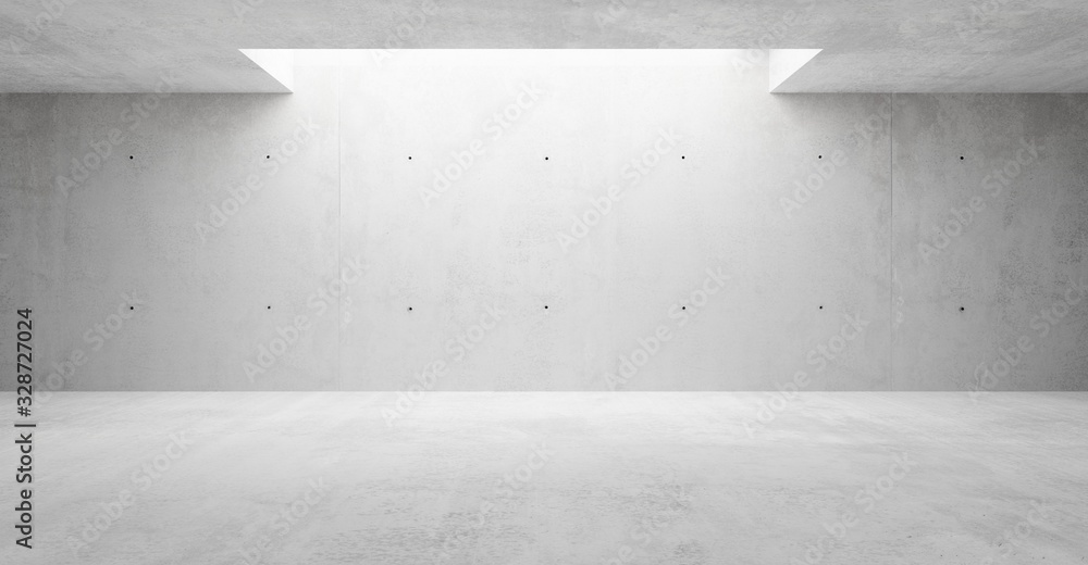 Abstract empty, modern concrete walls hallway room with indirekt ceiling lights in the back - industrial interior background template - obrazy, fototapety, plakaty 