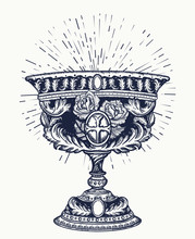 Holy Grail. Tattoo And T-shirt Design. Medieval Sacred Chalice Of Christianity. Symbol Of Dark Ages Europe, Alchemy Legends, Mystical Secret Of Crusaders And Templars. Gothic Fairy Tale Art