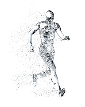 Human Body Shape Of A Running Man Filled With Water Isolated On White Background - Sport Or Fitness Hydration, Healthy Lifestyle Or Wellness Concept, 3D Illustration