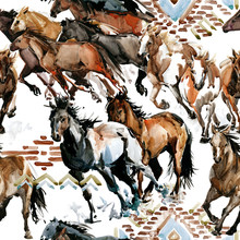Runing Horses Seamless Pattern. Wild Western Background. Watercolor Tribal Texture. Equestrian Illustration