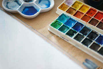 Artist paint brushes and watercolor paintbox on plastic palette.