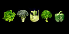 Salad, Brocoli, Parsley, Cherub And Pepper Neatly Aligned On A Dark Surface. Line Of Assorted Green Colore Vegetables.