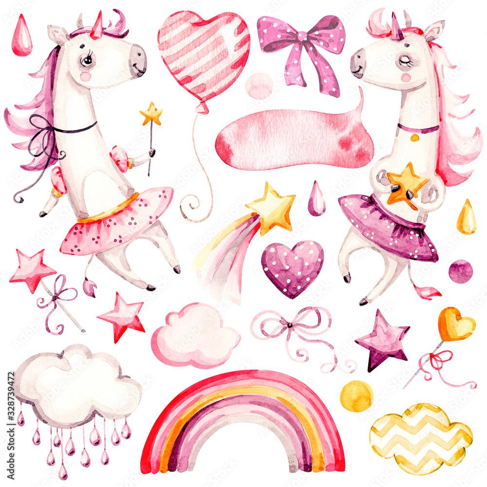 Cute unicorn Baby girl. Watercolor nursery cartoon magic animals horse ...