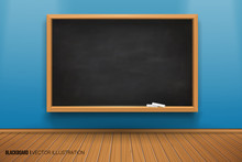 Room With A Blackboard On The Wall. 3D Board. Realistic Black Board In A Wooden Frame. Empty Room With A Blue Wall And Wooden Floor. Vector