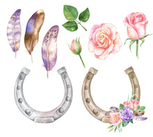 Watercolor Illustration With Horseshoes And Floral Decor And Feathers.