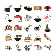 Poster - sushi oriental menu icons set line and fill style icon