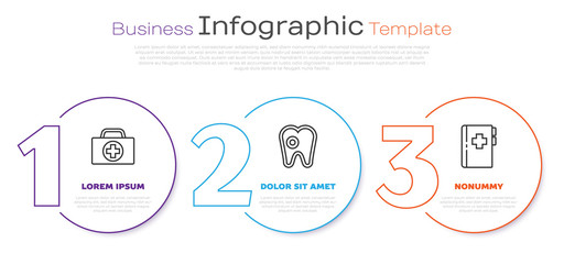 Set line First aid kit, Tooth with caries and Clipboard with dental card. Business infographic template. Vector