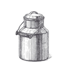 Vector Vintage Illustration With Milk Can In Engraving Style. Hand Drawn Sketch With Natural Farm Product In Metallic Canister Isolated On White