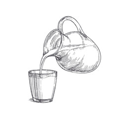 Vector vintage illustration with milk pouring from a jar in glass in engraving style. Hand drawn sketch with drink isolated on white