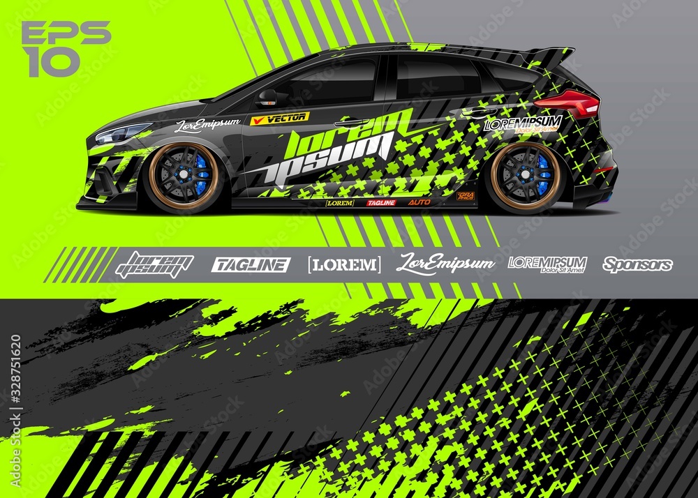 Car graphic livery design vector. Abstract stripe racing background for wrap race car, rally, drift car, cargo van, pickup truck and adventure vehicle. Full vector Eps 10. - obrazy, fototapety, plakaty 
