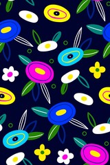 Wall Mural - Spring pattern with flowers. Summer background with wildflowers. Geometric seamless pattern in scandinavian style with colored spots on a blue background. Modern exotic jungle fruits and plants.