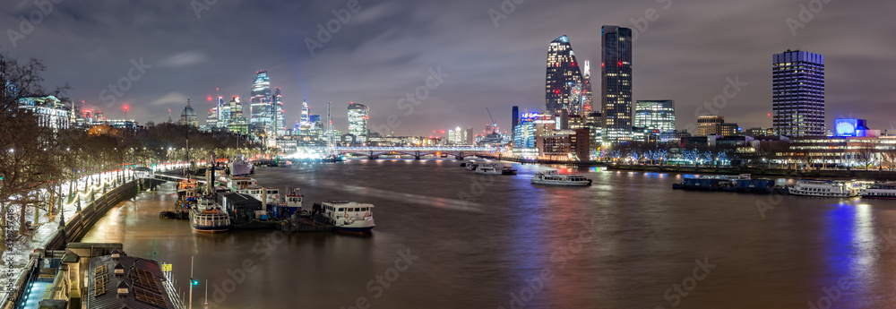 City of London and Southbank, night view over river Thames from the Waterloo Bridge - obrazy, fototapety, plakaty 
