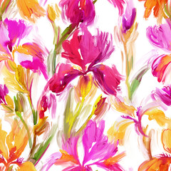 Hand drawn watercolor floral seamless pattern. Bright botanical illustration with blooming painted iris flowers. Summer background with brush strokes texture. Impressionist flower painting.