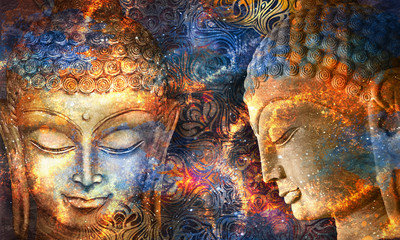 heads of the lord buddha in full face and profile on a multicolor psychedelic background. collage, d