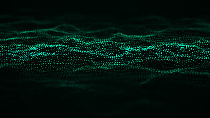 Wave of particles. Abstract green background with a dynamic wave. Big data visualization. 3d rendering.