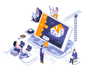 Poster - Smart home landing page vector template. Automated house control system website header UI layout with isometric illustration. Wireless controller on tablet display web banner isometry concept