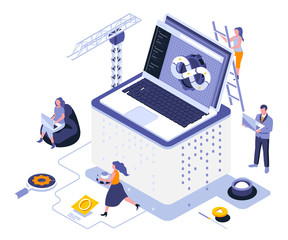 Poster - Web development landing page vector template. Program usability and performance website header UI layout with isometric illustration. Fullstack app engineering, devops web banner isometry concept