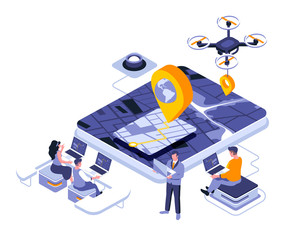 Aufkleber - GPS navigation landing page vector template. City map with pointer website header UI layout with isometric illustration. Tracking path, finding location web banner isometry concept