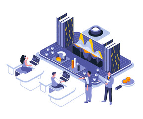 Poster - Data analysis landing page vector template. Information chart and graph website header UI layout with isometric illustration. Accounting report, financial presentation web banner isometry concept