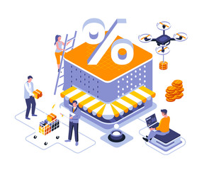 Poster - Discounts of goods landing page vector template. Seasonal price reduction website header UI layout with isometric illustration. Limited merchandise promo campaign web banner isometry concept